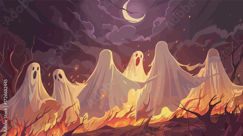 Group of ghosts wearing cloaks dancing together illustration