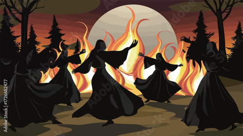 Group of ghosts wearing cloaks dancing together illustration