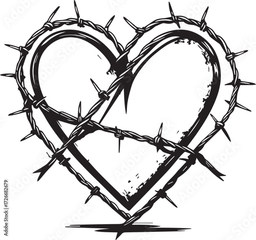 Barbed Heart: A stark depiction of a heart enveloped in barbed wire, a raw and evocative visual statement of pain, protection, and the complexities of emotion. 