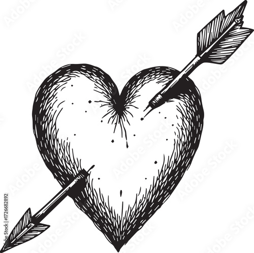 Arrow-Pierced Heart: A detailed monochrome sketch of a heart pierced by an arrow, symbolizing love, loss, or the complexities of the heart.