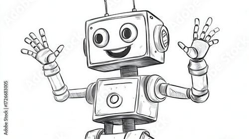 A cheerful robot character raises its hands with a wide smile, surrounded by playful shapes. The sketch blends friendliness, creativity, and mechanical charm in a fun and expressive illustration.