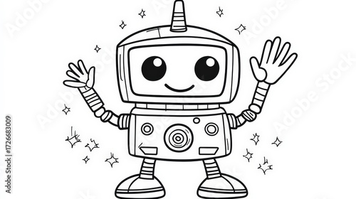 A cheerful robot character raises its hands with a wide smile, surrounded by playful shapes. The sketch blends friendliness, creativity, and mechanical charm in a fun and expressive illustration.