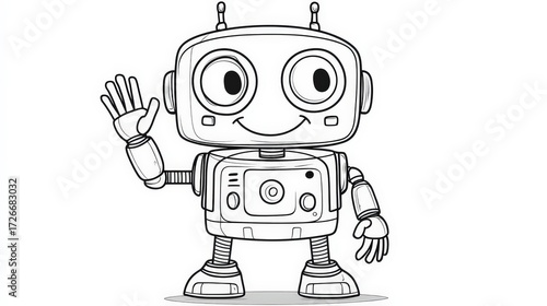 A cheerful robot character raises its hands with a wide smile, surrounded by playful shapes. The sketch blends friendliness, creativity, and mechanical charm in a fun and expressive illustration.