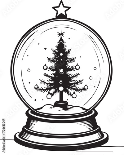 Winter Wonder in a Globe: Capturing the magic of winter, a detailed drawing showcases a Christmas tree inside a snow globe, topped with a star, evoking the enchantment of the season.