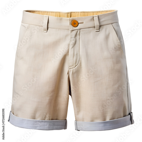 A pair of beige chino shorts with rolledup cuffs and a single button closure, isolated on transparent background