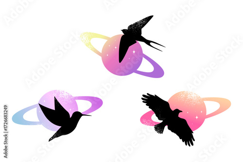 Set of celestial emblems with birds on Saturn planet silhouette. Vector illustration