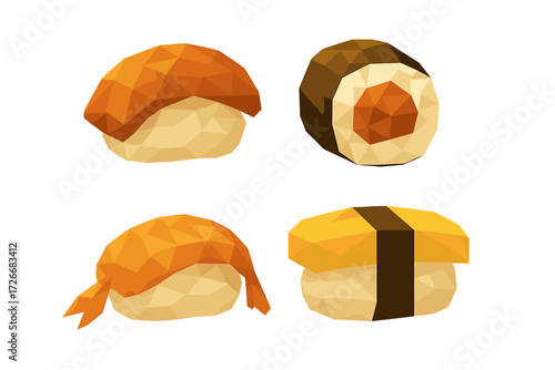 Collection of stylized low poly sushi pieces featuring various nigiri and a maki roll, traditional Japanese cuisine, delicious Asian food
