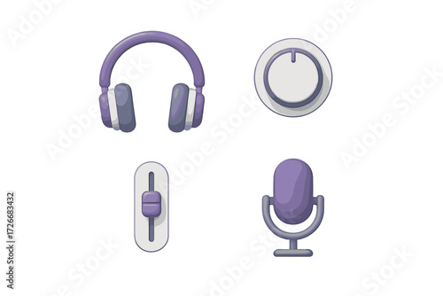 Modern audio equipment set with headphones, microphone, volume knob, and slider controls for sound production and recording studio
