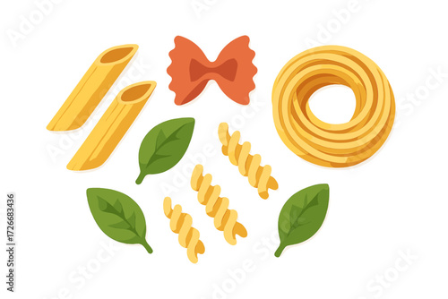 Assortment of traditional Italian pasta shapes including penne farfalle fusilli and tagliatelle with fresh basil leaves