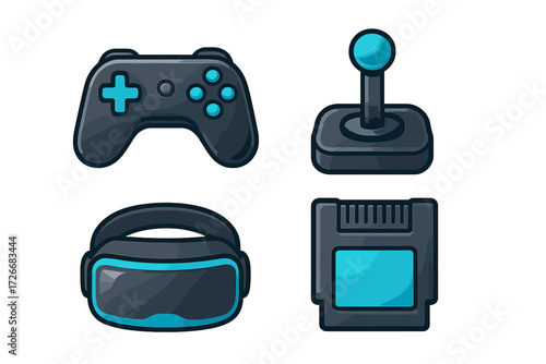 Modern and retro gaming devices including gamepad, joystick, virtual reality headset, and game cartridge