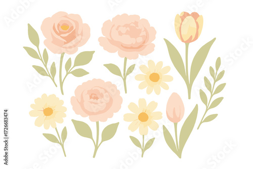 Delicate pastel flowers and botanical leaves for spring and summer, ideal for invitations and greeting cards
