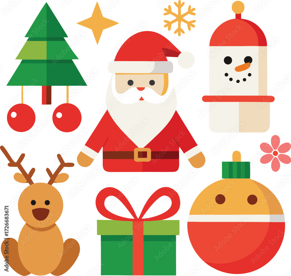 Naklejka premium Vector art of whimsical collection of christmas characters and symbols including a reindeer, santa claus, snowman, christmas tree, gift box, and ornaments, all isolated on a