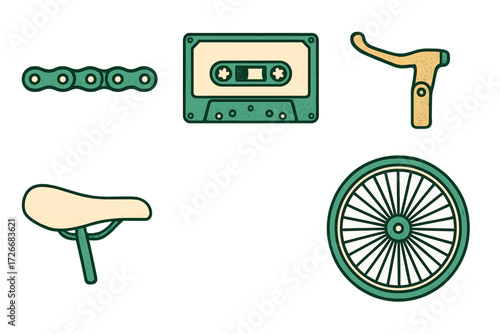 Collection of retro bicycle parts including chain, wheel, saddle, brake lever, and a vintage audio cassette tape on white background
