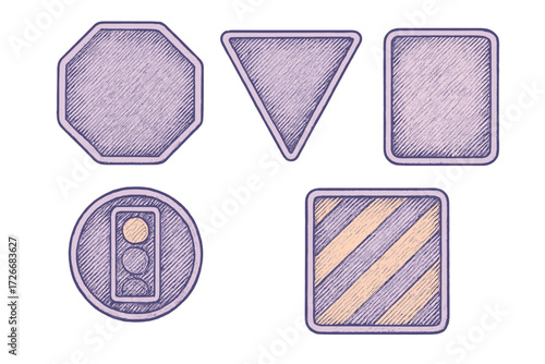 Diverse collection of hand-drawn geometric shapes and road sign icons with purple and orange textured fill in a modern sketch style