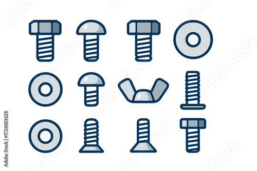 Collection of various metal fasteners including bolts, screws, washers, and a wing nut for construction and repair