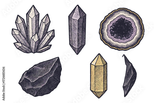 Natural crystals, raw mineral stones, and polished gemstones in various shapes and colors, a diverse collection for design projects