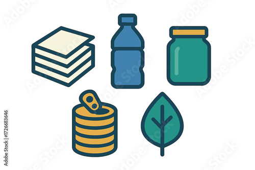 Vibrant collection of recycling materials icons for environmental sustainability and waste management