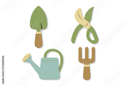 Collection of essential gardening tools including trowel, watering can, pruning shears, and hand fork for spring planting