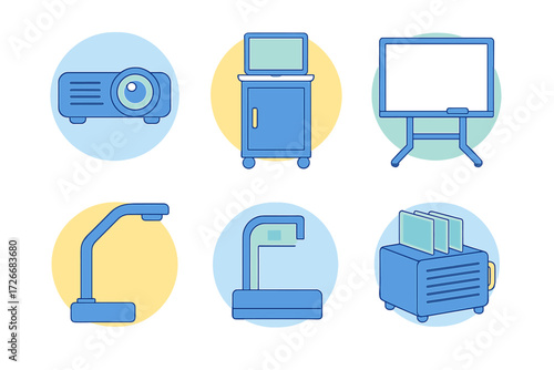 Diverse collection of essential office presentation equipment and common household items for daily use in a modern flat design style