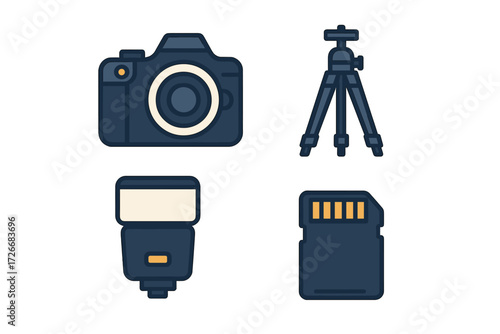 Essential photography equipment set with a modern digital camera, sturdy tripod, external flash, and memory card for professional media capture