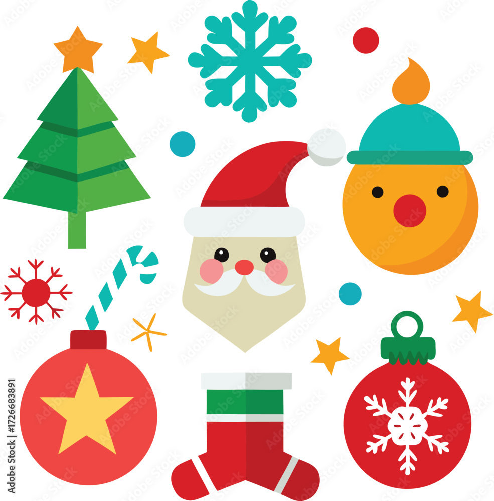 Fototapeta premium Vector art of collection of flat christmas icons including a santa claus, christmas tree, snowflake, candy cane, bauble, and stocking