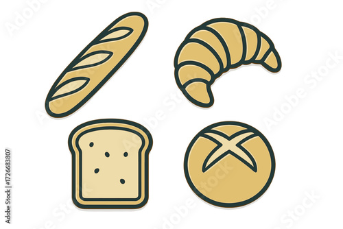 Delicious assortment of freshly baked bread items including a classic baguette, flaky croissant, soft sliced bread, and a rustic round bun