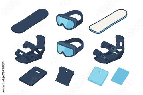 Isometric collection of essential snowboarding gear set with board, bindings, and protective goggles for winter sports activities