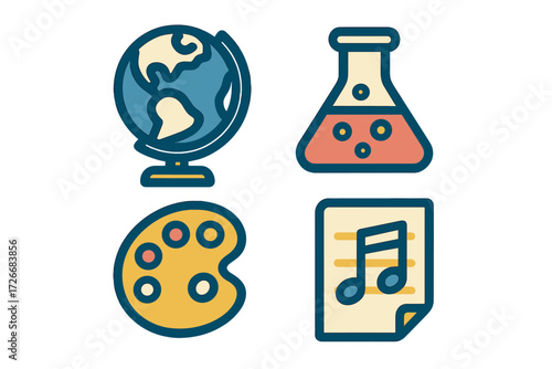 Academic and artistic symbols featuring a world globe, chemistry flask, paint palette, and musical notes