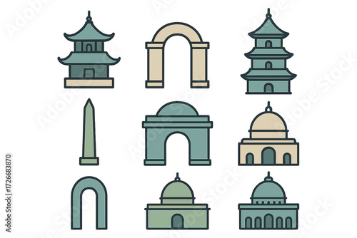 Collection of famous world landmarks and architectural monuments in a simplified modern clean design
