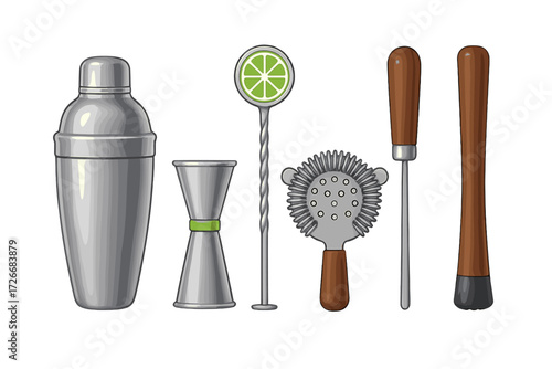Essential professional bar tools for cocktail making including a shaker, jigger, bar spoon, strainer, and muddler