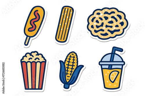 Assortment of classic fairground and carnival food items including corn dog, churro, pretzel, popcorn, and lemonade
