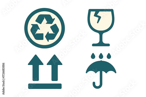 Set of universal packaging symbols for shipping and logistics including recycle, fragile, keep dry, and this way up signs