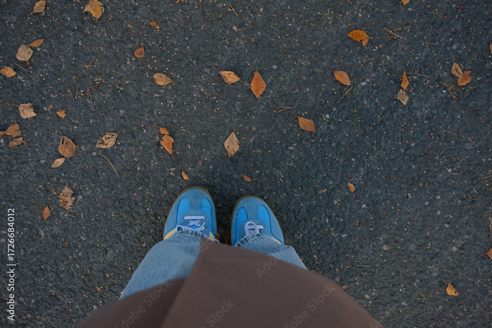 Naklejka premium a person standing on asphalt by scattered brown leaves