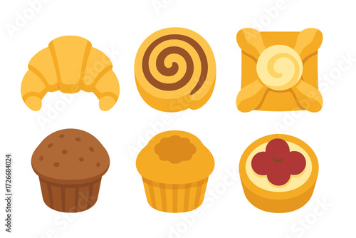 Freshly baked goods and sweet pastries assortment with croissants, muffins, cinnamon rolls, and fruit tarts
