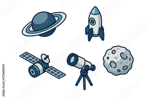 Set of space exploration and astronomy elements with planet, rocket, satellite, telescope, and moon