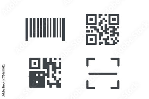 Collection of barcode, QR code, and scanner frame icons for digital identification and data capture