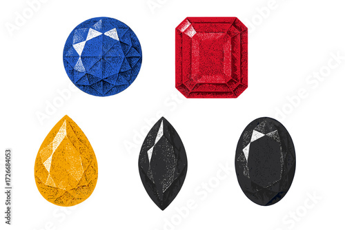 Colorful faceted gemstones in various cuts including round, emerald, pear, marquise, and oval with textured surfaces