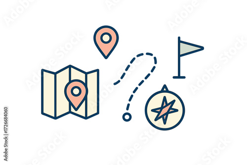 Essential navigation elements including a folded map, location pins, a winding path, compass, and destination flag