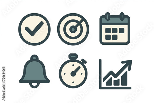 Collection of essential business and productivity icons including checkmark, target, calendar, bell, stopwatch, and growth chart