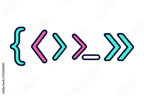Abstract programming language symbols representing web development, software coding, and digital technology concepts