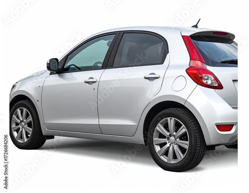 Light gray car, rear three-quarter view