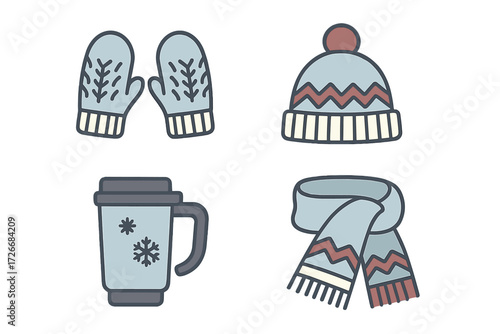 Collection of cozy winter clothing accessories including mittens, a warm hat, a scarf, and an insulated travel mug with snowflake designs