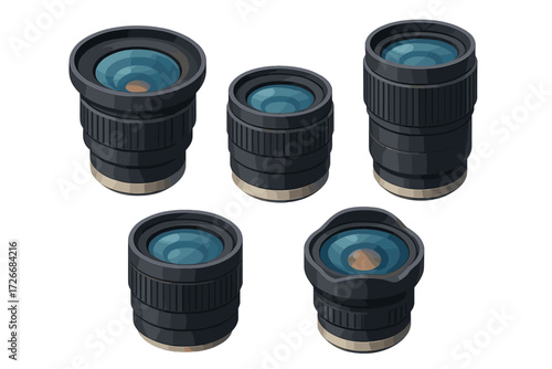 Set of diverse photographic camera lenses with different focal lengths and apertures for professional photography equipment and accessories