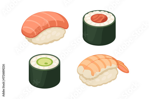 Delicious assortment of traditional Japanese sushi and maki rolls featuring fresh salmon, tuna, shrimp, and cucumber