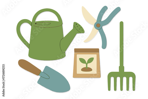 Essential gardening tools and supplies including watering can, trowel, rake, shears, and seed packet for planting