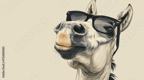 illustration of funny horse closeup in black sunglasses on light background