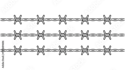 Three horizontal lines of barbed wire on white background