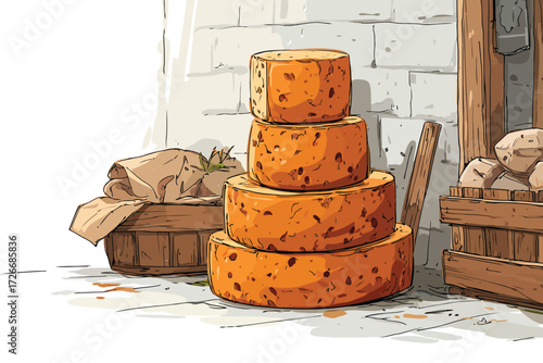 Aged Cheese Wheels in Farm Cellar stack isolated