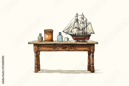 Antique Maritime Artifacts on Wooden Table bronze isolated