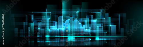 Futuristic neon blue cityscape on dark background. Vector illustration of modern high-rise buildings, high tech network lines, digital world skyline, pattern with metaverse skyscrapers
